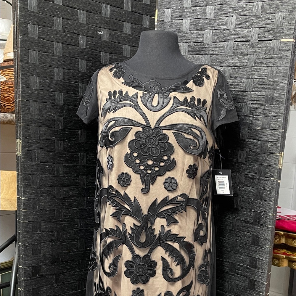 MARINA Black Appliqué Midi Dress on Nude Base